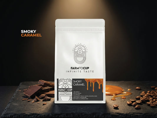 Smoky Caramel infused coffee bag — tobacco, caramel, molasses, medium dark roast