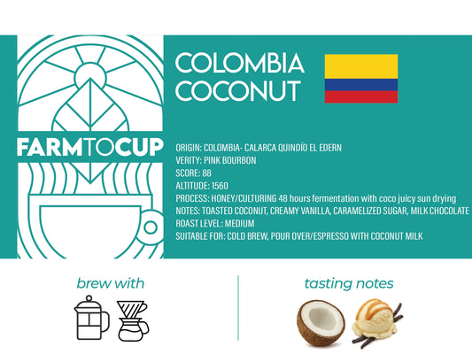 Colombia Coconut co-fermented coffee — Pink Bourbon, honey process, 48-hour fermentation
