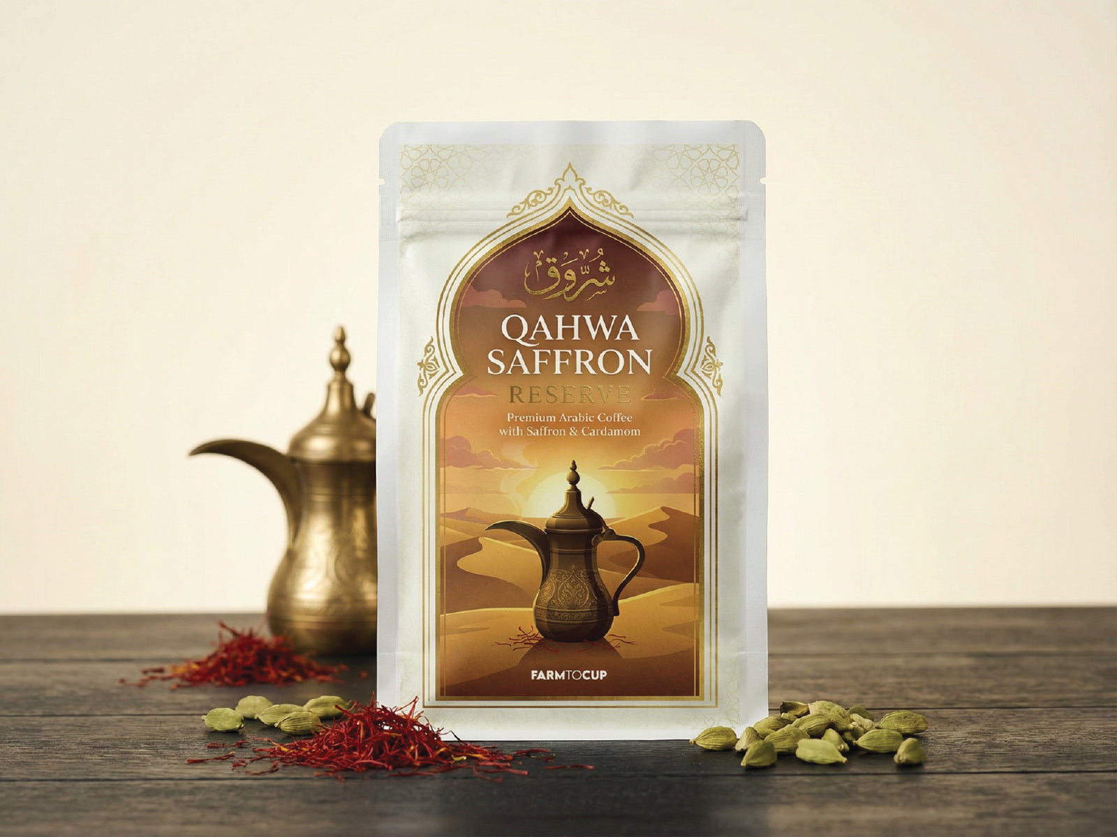 Shorouq Arabic Qahwa with saffron — premium UAE qahwa, light roast, ready to brew