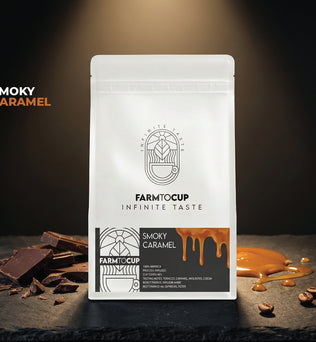 Smoky Caramel infused coffee bag — tobacco, caramel, molasses, medium dark roast