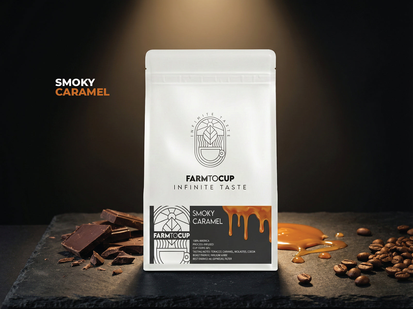Smoky Caramel infused coffee bag — tobacco, caramel, molasses, medium dark roast