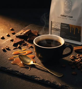 Smoky Caramel coffee bag back view — co-fermented, medium dark roast