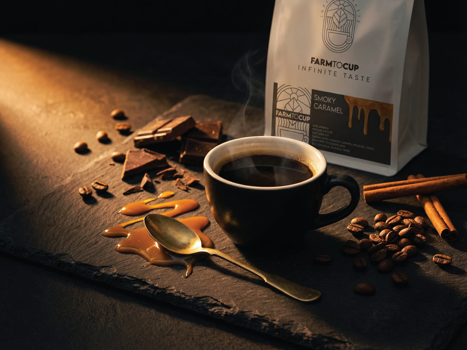 Smoky Caramel coffee bag back view — co-fermented, medium dark roast