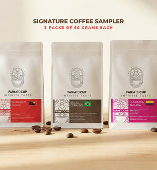 Farm to Cup specialty coffee sampler pack — three origins, 60g tasting portions