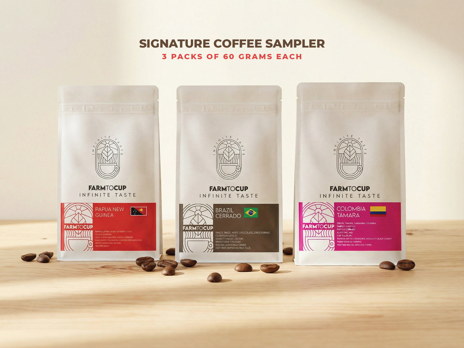 Farm to Cup specialty coffee sampler pack — three origins, 60g tasting portions