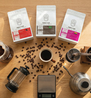 Farm to Cup sampler pack back view — three specialty coffees, 60g each