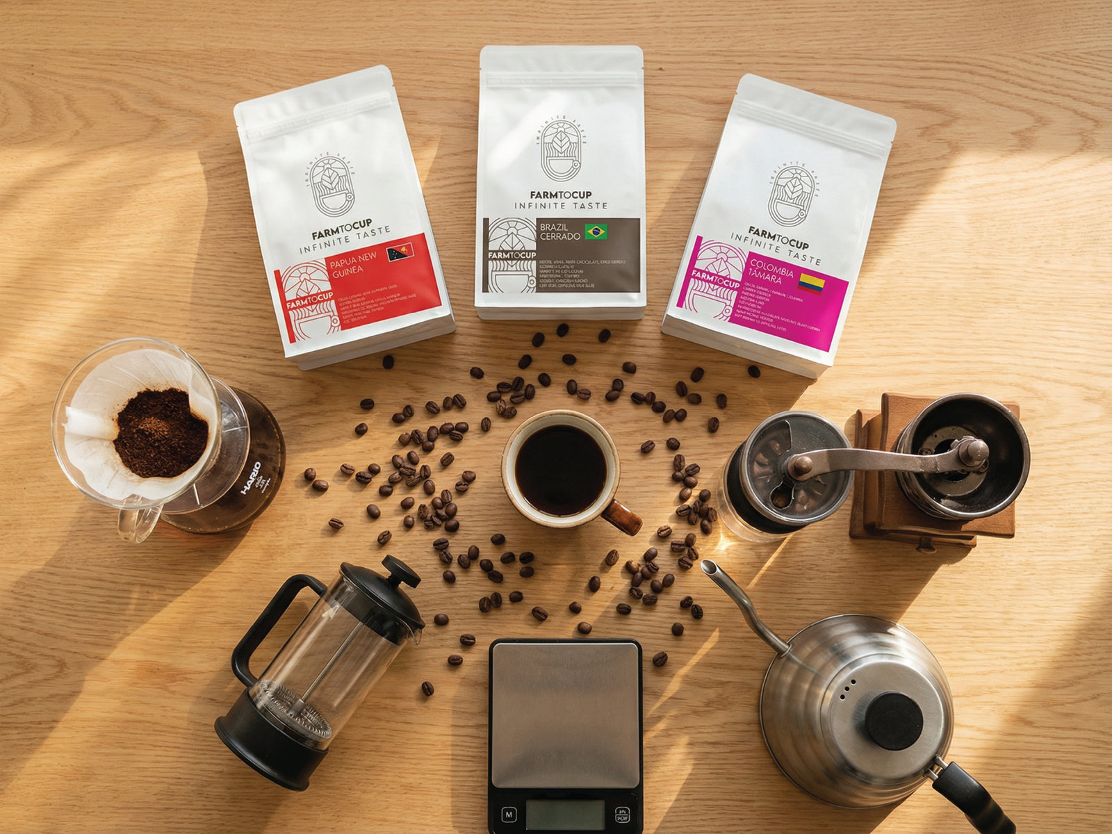 Farm to Cup sampler pack back view — three specialty coffees, 60g each