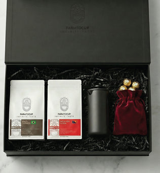 Farm to Cup gift box open — Timemore French Press and specialty coffee bags