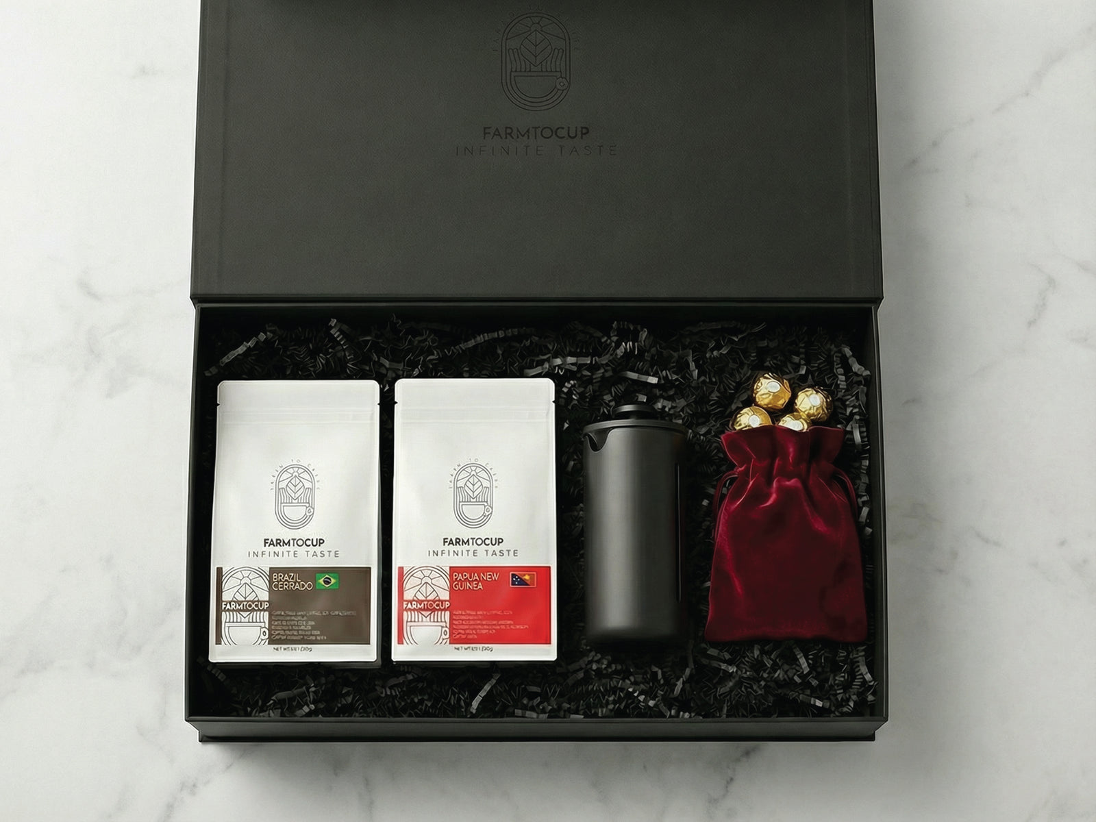Farm to Cup gift box open — Timemore French Press and specialty coffee bags