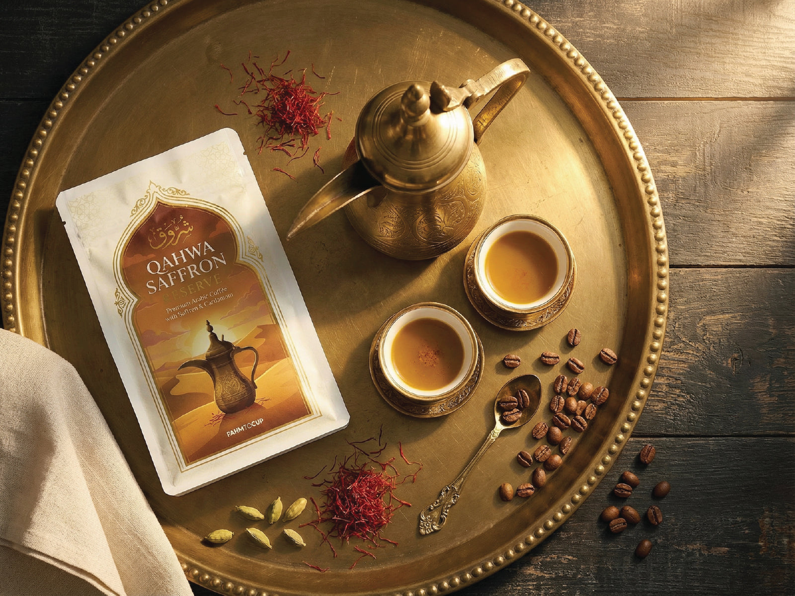 Shorouq Qahwa bag back view — saffron and cardamom, light roast Arabic coffee