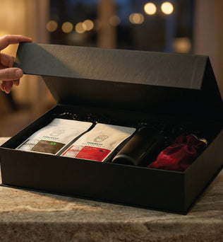 Farm to Cup gift box side view — premium specialty coffee gift UAE