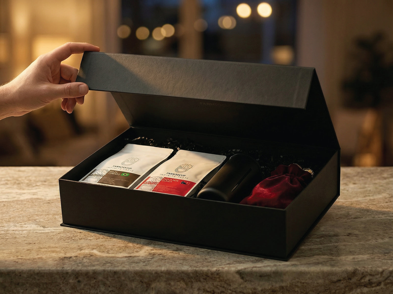 Farm to Cup gift box side view — premium specialty coffee gift UAE