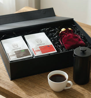 Farm to Cup coffee gift box contents — Brazil Cerrado, Papua New Guinea, French Press