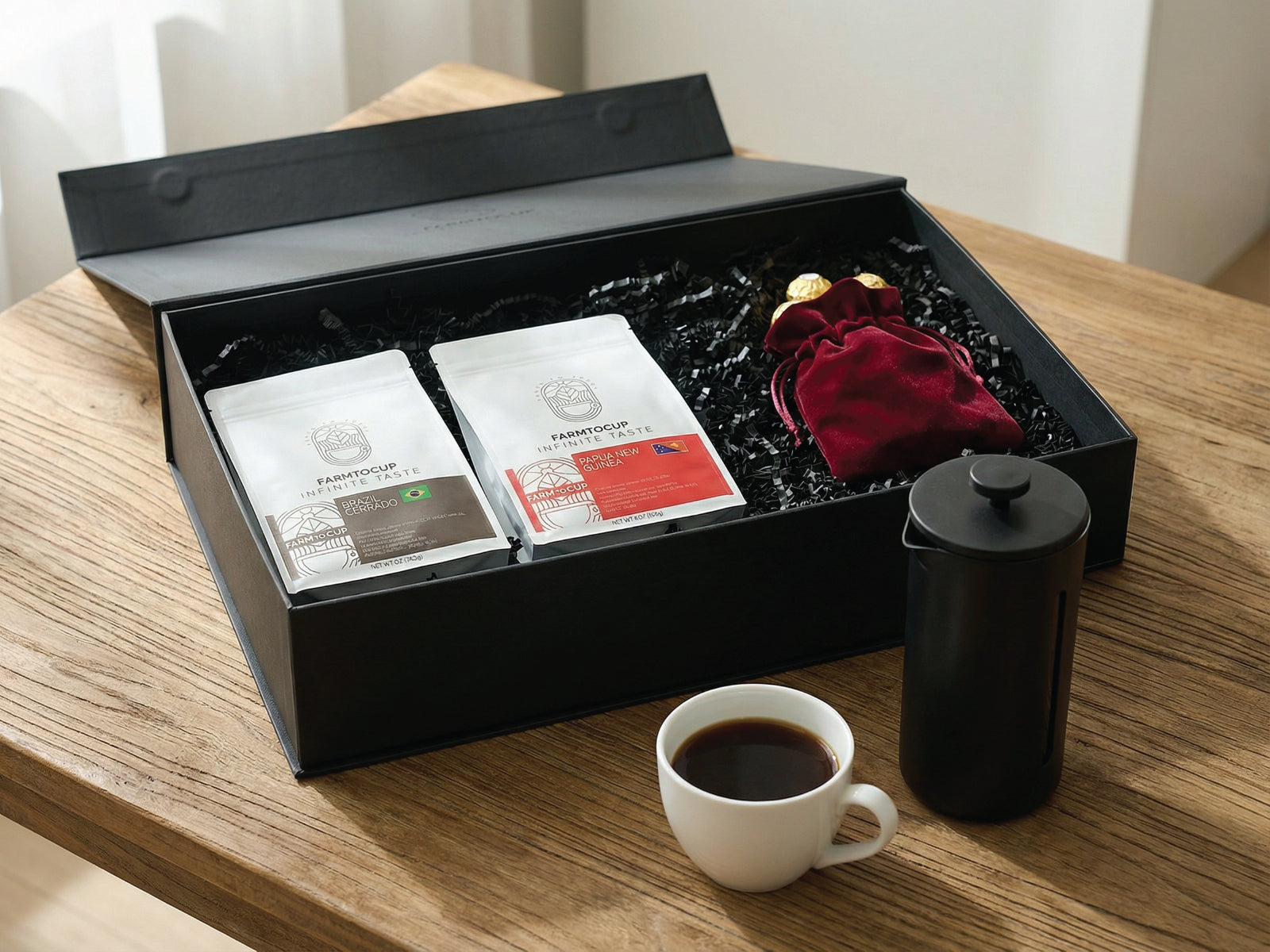 Farm to Cup coffee gift box contents — Brazil Cerrado, Papua New Guinea, French Press