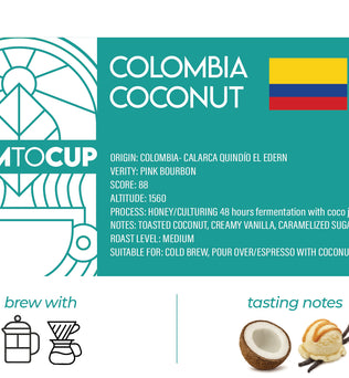 Colombia Coconut co-fermented coffee — Pink Bourbon, honey process, 48-hour fermentation