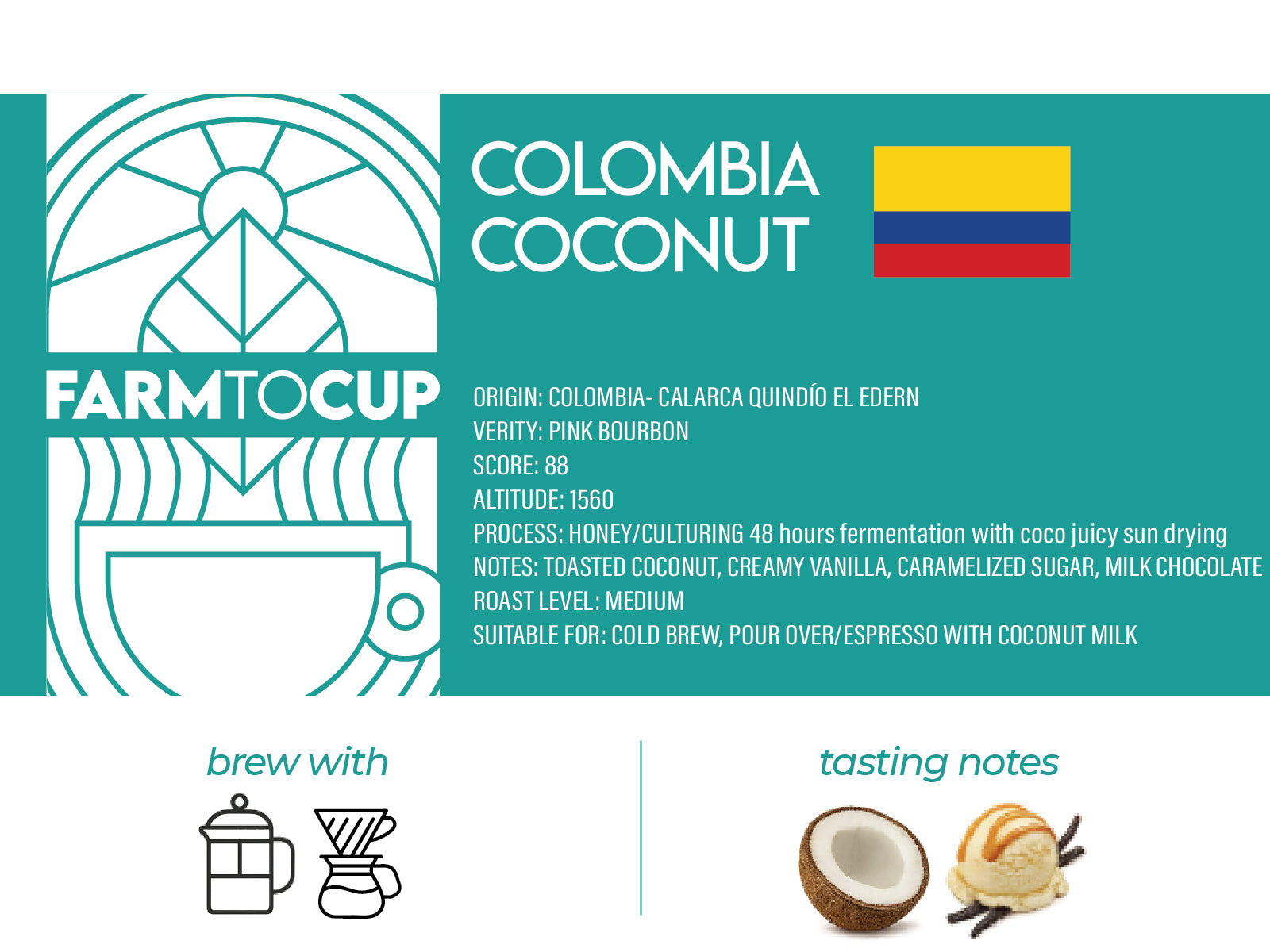 Colombia Coconut co-fermented coffee — Pink Bourbon, honey process, 48-hour fermentation