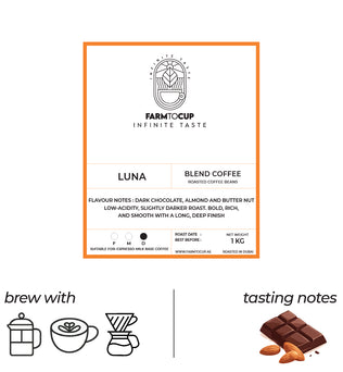 Luna Premium Blend coffee bag back view — dark roast, multi-origin blend