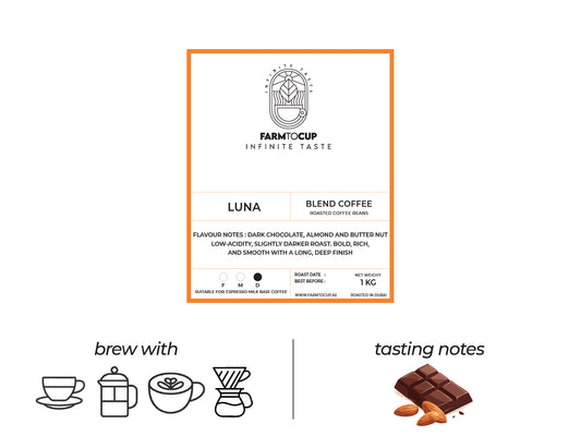 Luna Premium Blend coffee bag back view — dark roast, multi-origin blend