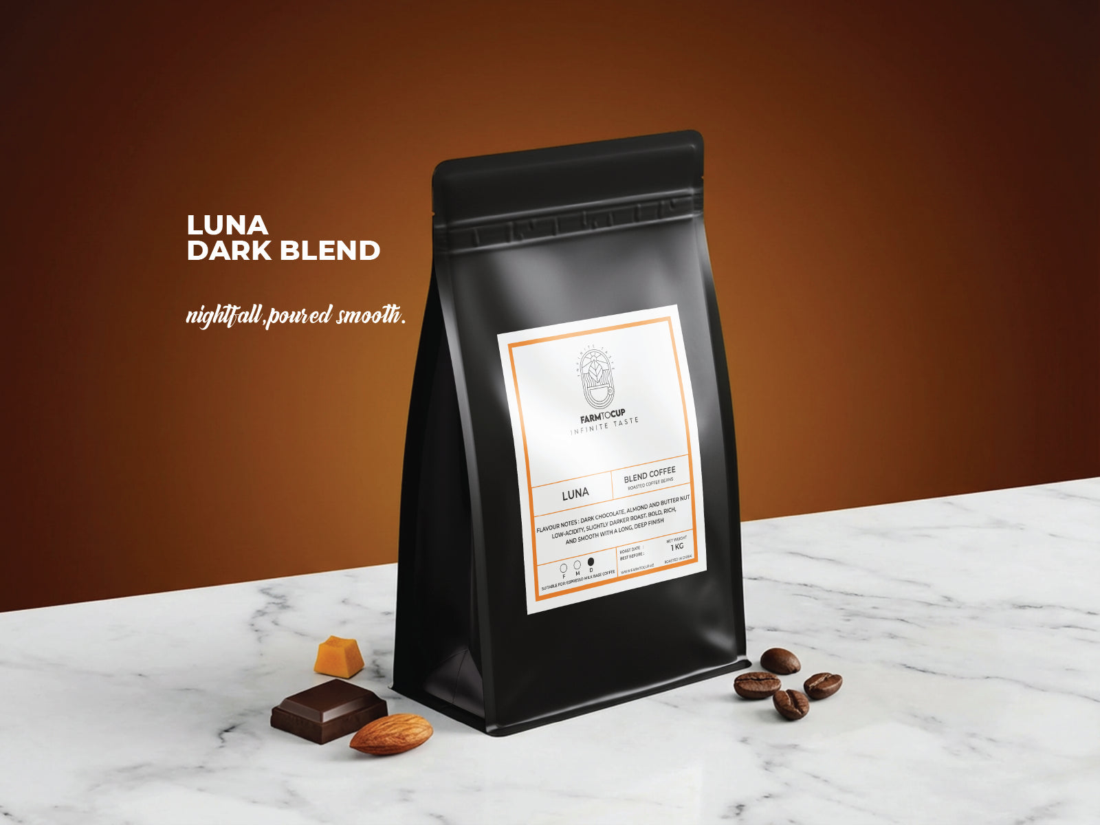 Luna dark roast coffee blend — dark chocolate, almond, smooth and full-bodied