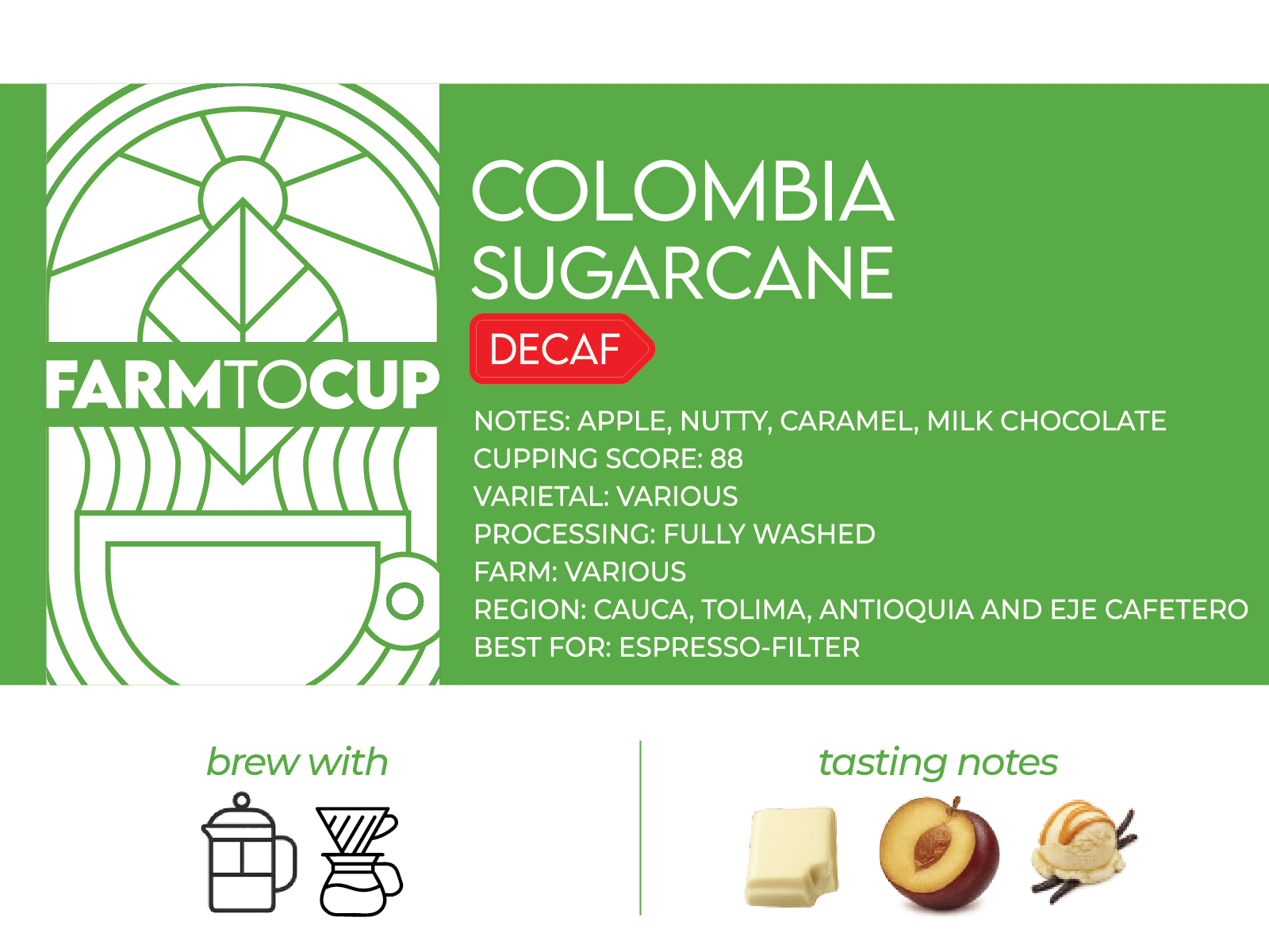 Colombia Sugarcane Decaf bag back view — EA decaf process, Cauca and Tolima