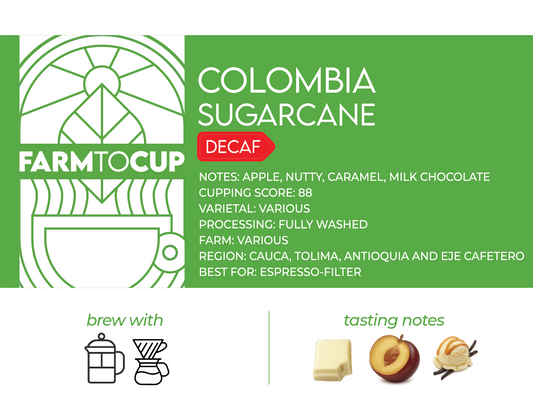 Colombia Sugarcane Decaf bag back view — EA decaf process, Cauca and Tolima