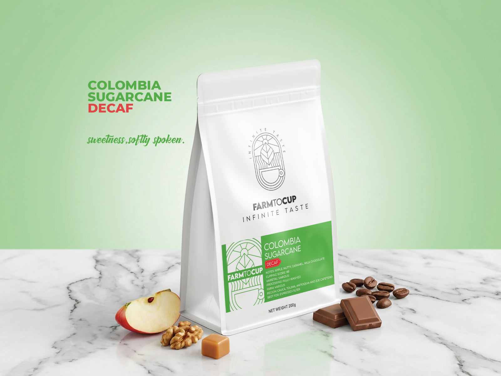 Colombia Decaf coffee beans — sugarcane decaffeination, 99% caffeine free